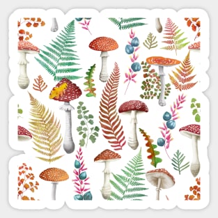 Fall fern leaves and fly agaric mushrooms seamless watercolor pattern. Autumn leaves, red poison mushrooms. Autumn print Sticker